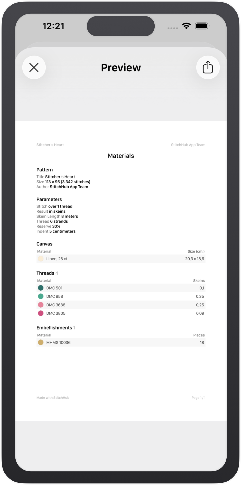 Sample material usage export
